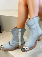 Chain Metal Decor Denim Western Cowboy Boots