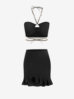 Chain Midriff Flossing Top and Ruffled Hem Skirt Set Black
