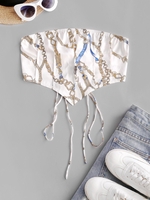 Chain Print Lace Up Pintuck Bandana Top L White