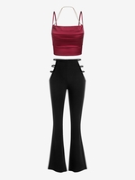 Chain Satin Ruched Crop Cami Top With Ladder Cutout Textured Bootcut Pants Deep red