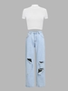 Chains Open Back Ribbed Tee With Distressed Jeans White
