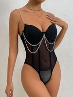 Chains Sheer Mesh Underwire Bustier Bodysuit S Black