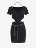 Chains V Neck Ruched Cutout Backless Mini Bodycon Dress L Black