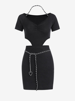 Chains V Neck Ruched Cutout Backless Mini Bodycon Dress L Black