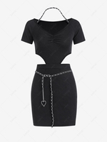 Chains V Neck Ruched Cutout Backless Mini Bodycon Dress S Black