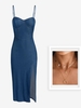Chambray Cupped Slit Cami Dress and Moon Stars Pattern Multi-layer Pendant Necklace Blue
