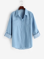 Chambray Front Pocket Rolled Up Sleeve Shirt Xl Blue