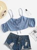 Chambray Lace-up Cold Shoulder Zip Cupped Top S Light blue