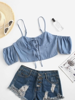 Chambray Lace-up Cold Shoulder Zip Cupped Top S Light blue