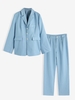Chambray Minimalist Blazer with Tailoring Pants Set Blue