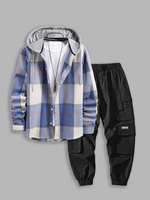Check Print Contrasting Hooded Shirt and Cargo Jogger Techwear Pants Set Outfit Blue