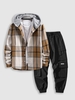 Check Print Contrasting Hooded Shirt and Cargo Jogger Techwear Pants Set Outfit Light coffee