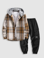 Check Print Contrasting Hooded Shirt and Cargo Jogger Techwear Pants Set Outfit Light coffee