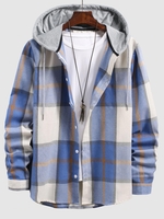Check Print Contrasting Hooded Shirt Xxl Denim blue