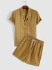 Check Print Short Sleeve Pocket Shirt and Drawstring Shorts Set Xl Fall leaf brown