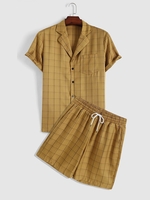 Check Print Short Sleeve Pocket Shirt and Drawstring Shorts Set Xl Fall leaf brown