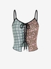 Checked Ditsy Floral Pattern Block Lace Up Tank Top S Multi a