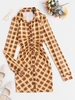 Checked Ruched Detail Slinky Shirt Dress L Coffee