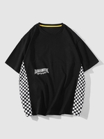 Checkerboard and Letter Print Patchwork Short Sleeve T-Shirt L Black