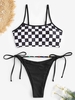 Checkerboard Beading Cut Out Tie Side Bikini Swimwear Black