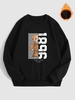 Checkerboard Bear Letter Graphic Pattern Fleece-lined Sweatshirt M Black