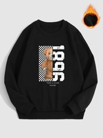 Checkerboard Bear Letter Graphic Pattern Fleece-lined Sweatshirt Xl Black