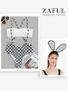 Checkerboard Criss Cross Ribbed Suspender Bikini Swimwear with Dots Pattern Rabbit Ears Hairband Black