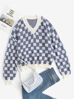 Checkerboard Drop Shoulder Oversized Slouchy Sweater L Blue
