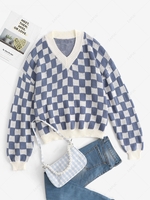 Checkerboard Drop Shoulder Oversized Slouchy Sweater S Blue
