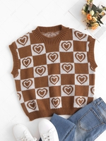 Checkerboard Heart Graphic Sweater Vest M Coffee