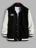 Checkerboard Patched Colorblock Corduroy Baseball Varsity Jacket L Black