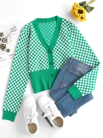 Checkerboard Plaid Wide Waistband Cardigan S Green