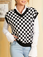 Checkerboard Split Hem Sweater Vest S Black