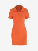 Checkerboard Terry Cloth Textured Collared Dress S Orange