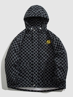 Checkerboard THIS WAY Patch Deocor Hooded Flap Pocket Zip Padded Puffer Jacket L Black