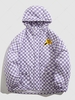 Checkerboard THIS WAY Patch Deocor Hooded Flap Pocket Zip Padded Puffer Jacket Xl Light purple