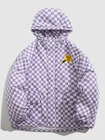 Checkerboard THIS WAY Patch Deocor Hooded Flap Pocket Zip Padded Puffer Jacket Xl Light purple