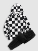 Checkered Pattern Fluffy Hoodie and Teddy Beam Feet Pants Set Outfit Black