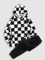 Checkered Pattern Fluffy Hoodie and Teddy Beam Feet Pants Set Outfit Black