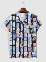 Checkered Picture Print Pocket Short Sleeve Shirt Xl Multi a