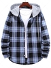 Checkered Stripe Pattern Drawstring Hooded Shirt S Midnight blue