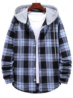 Checkered Stripe Pattern Drawstring Hooded Shirt S Midnight blue