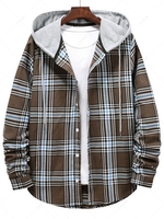 Checkered Stripe Pattern Drawstring Hooded Shirt Xl Brown bear