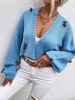 Cherry Applique Open Front Lantern Sleeve Cardigan M Light blue