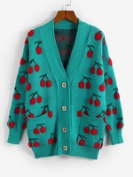 Cherry Button Up Dual Pocket Cardigan S Deep green