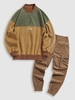 Chicago Embroidery Colorblock Suede Baseball Sweatshirt and Pockets Beam Feet Cargo Corduroy Pants Set Coffee