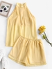 Chiffon Overlay Cutaway Keyhole Back Shorts Set M Yellow