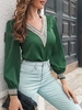 Chiffon V Neck Lace Casual Blouse L Deep green