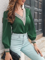 Chiffon V Neck Lace Casual Blouse M Deep green