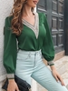 Chiffon V Neck Lace Casual Blouse S Deep green